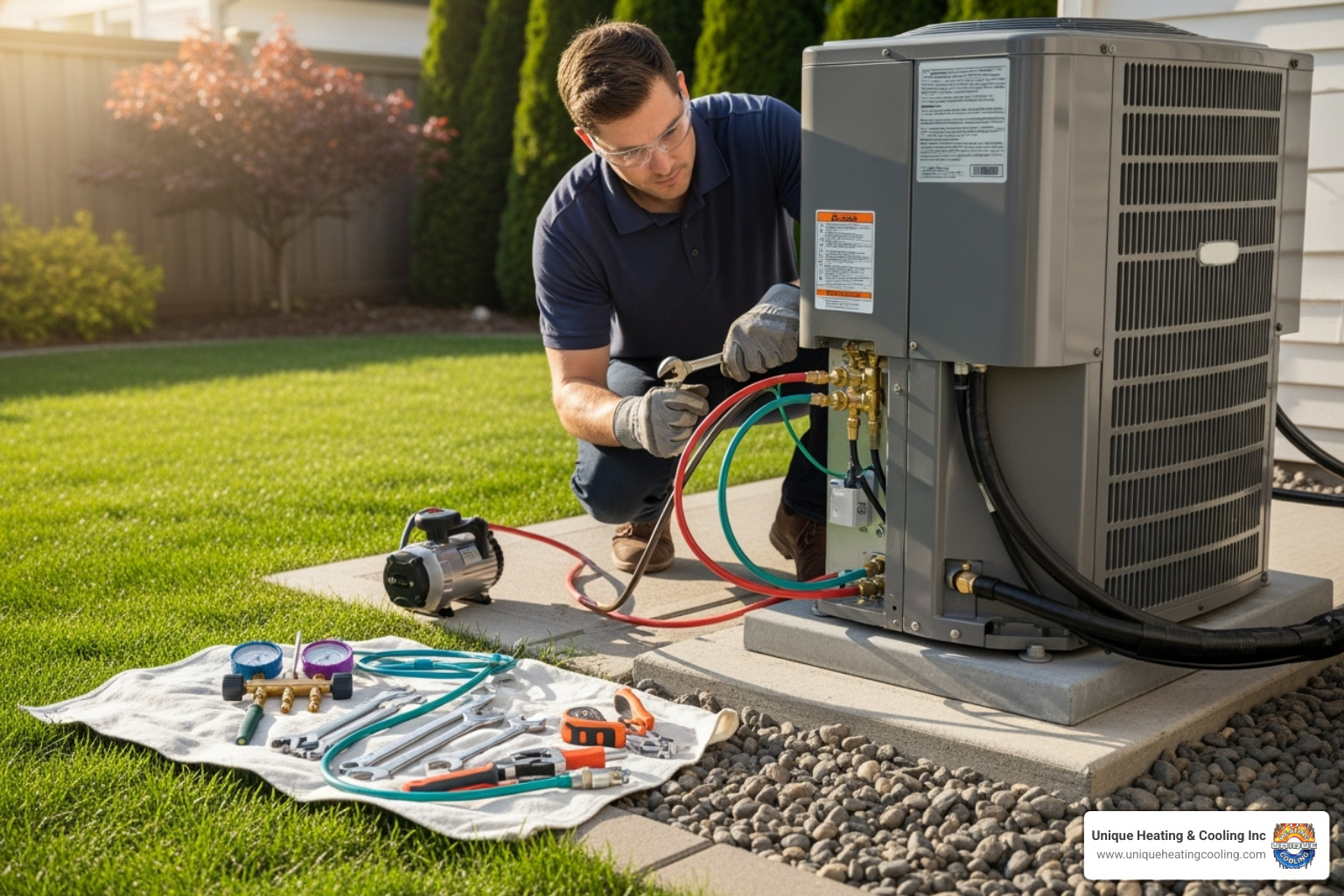 Image of a certified HVAC technician wearing gloves and safety glasses, carefully connecting refrigerant lines to an outdoor heat pump unit, with tools laid out neatly beside them - heat pump installation st louis