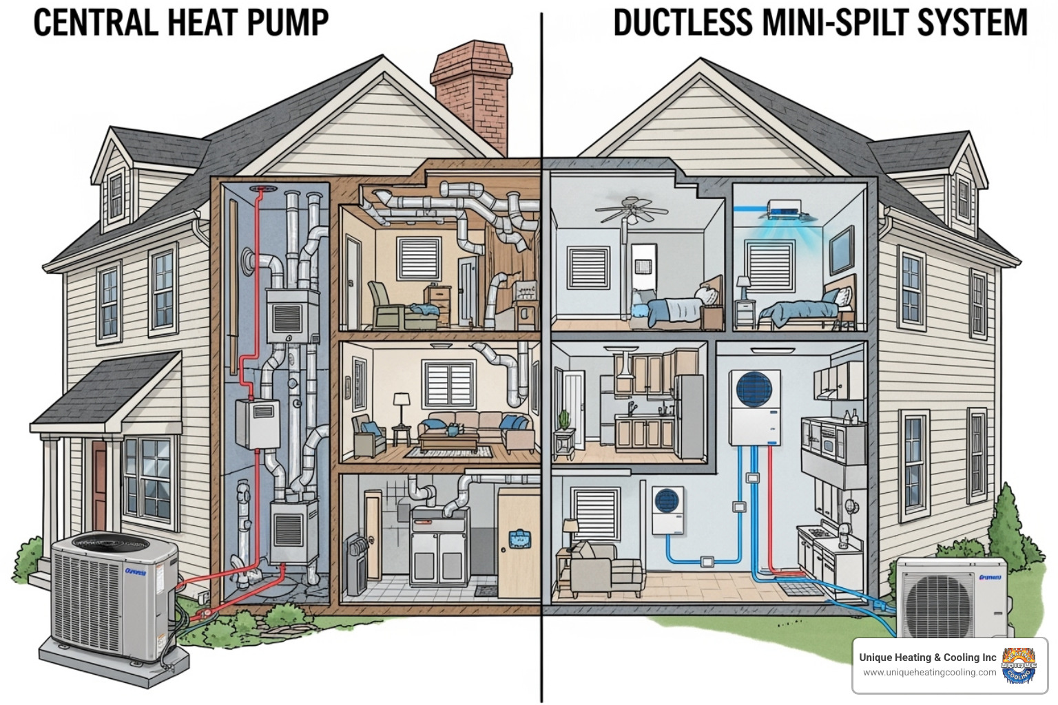 Image showing the difference between a central heat pump system with an outdoor unit and an indoor air handler connected to ductwork, and a ductless mini-split system with an outdoor unit connected to multiple indoor wall-mounted units without ducts - heat pump installation st louis