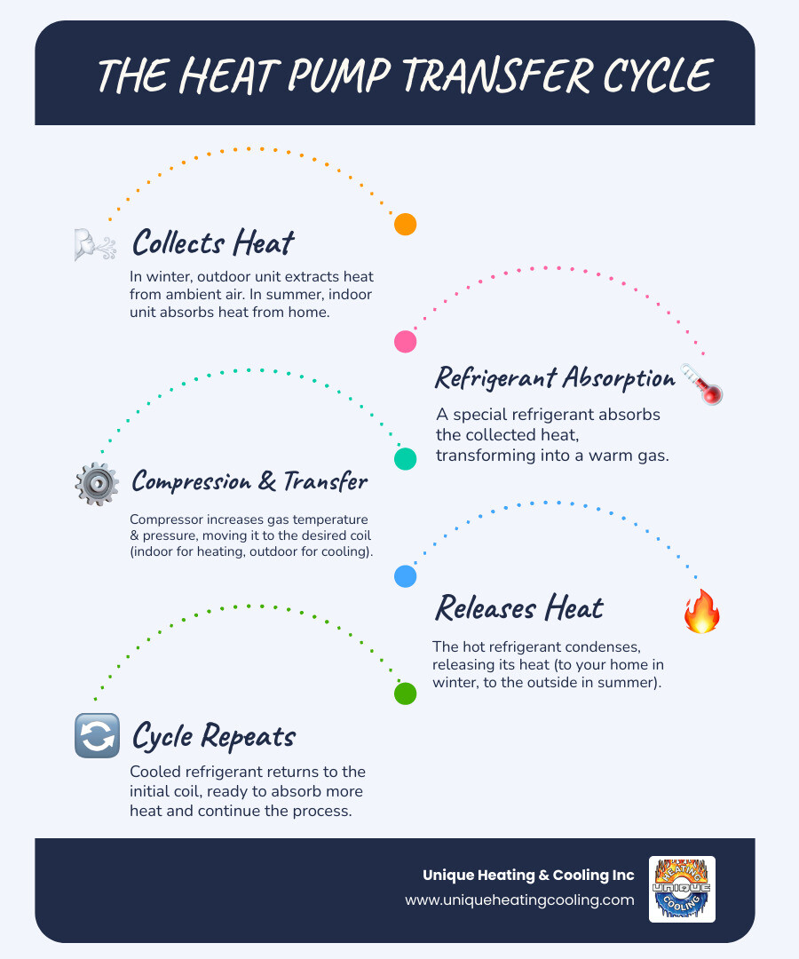Infographic showing heat pump operation cycle with outdoor unit extracting heat from air in winter mode, transferring it indoors through refrigerant lines to indoor unit, then reversing the cycle in summer to remove heat from inside and release it outdoors - heat pump installation st louis infographic infographic-line-5-steps-blues-accent_colors