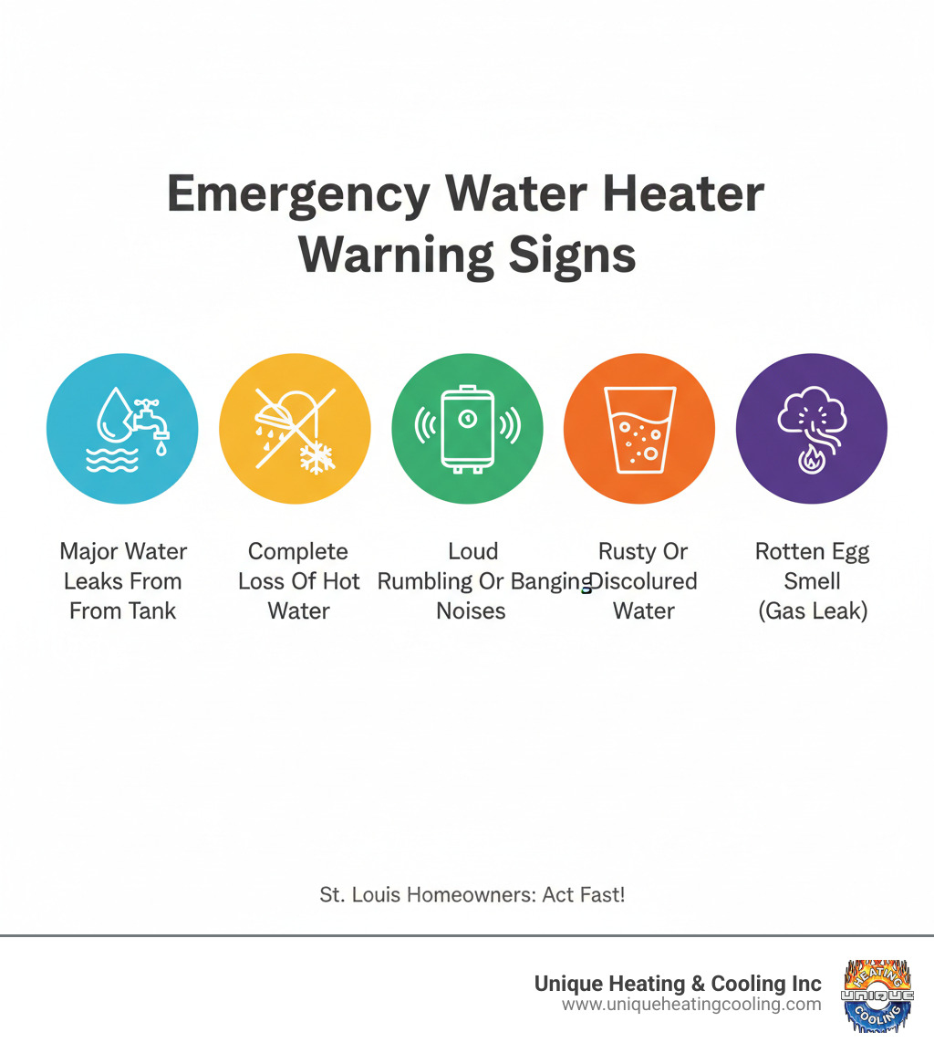 Infographic showing the top 5 emergency water heater warning signs: major water leaks from tank, complete loss of hot water, loud rumbling or banging noises, rusty or discolored water, and rotten egg smell indicating gas leak - emergency water heater repair st louis infographic 
