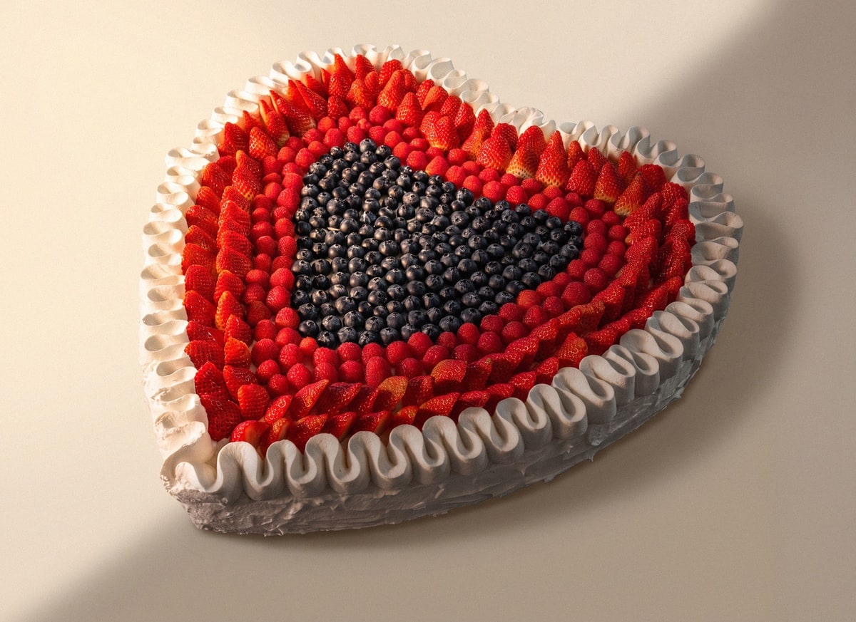 Heart-shaped cream cake layered with rings of strawberries, raspberries and blueberries