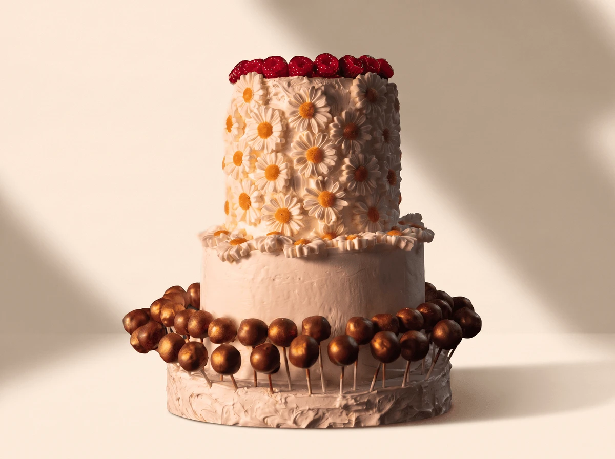 Three-tier celebration cake covered in daisies, crowned with strawberries and ringed by gold cake pops