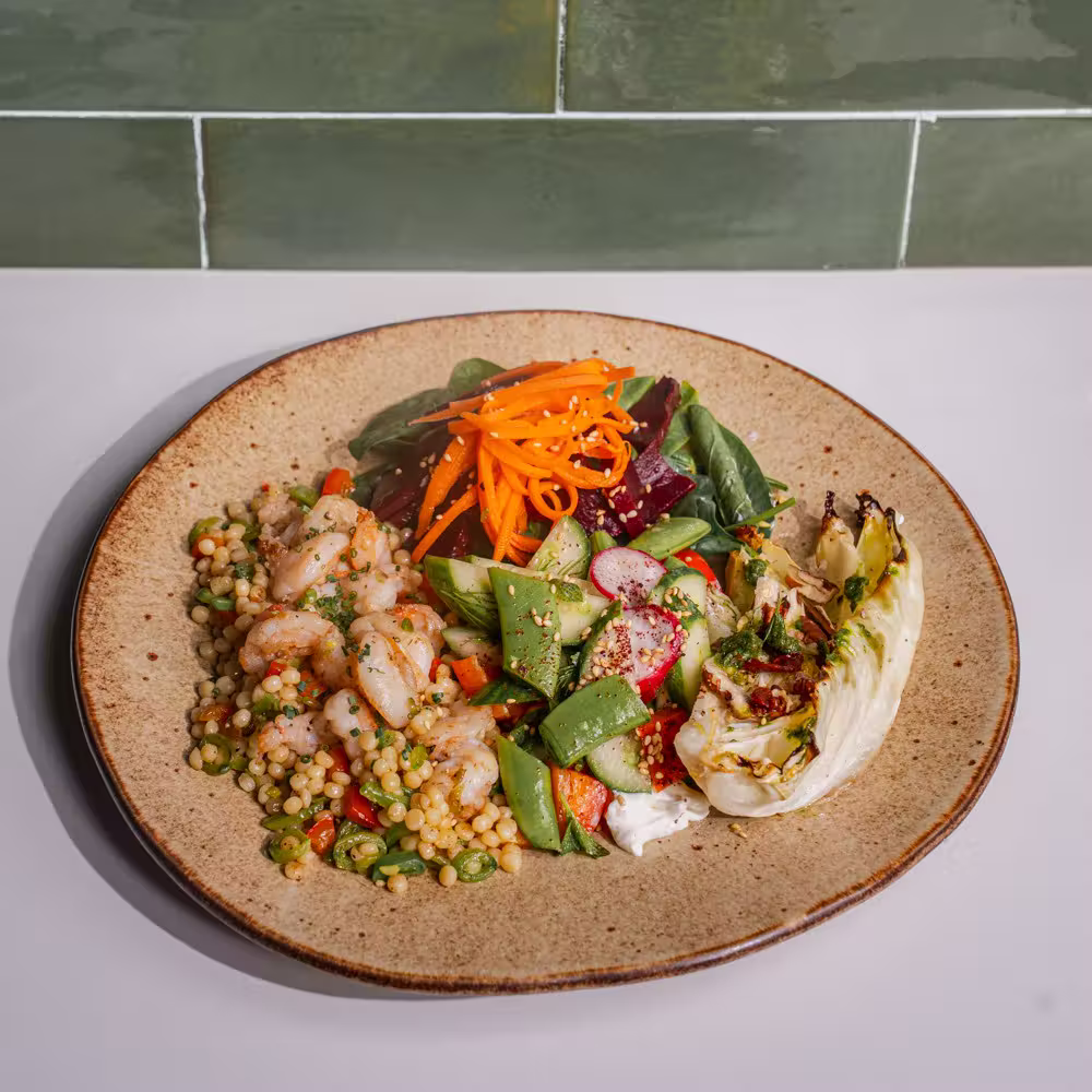 Levant Prawn Garden with prawn couscous, roasted cabbage, beetroot and labneh - Brix Cafe Dubai