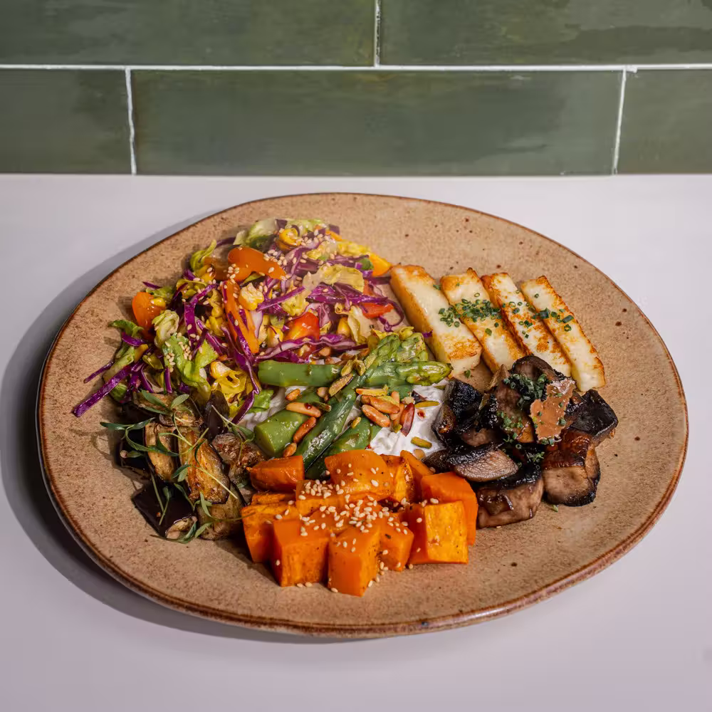 Mediterranean Mezze with grilled halloumi, portobello mushrooms, sweet potato and eggplant - Brix Cafe Dubai