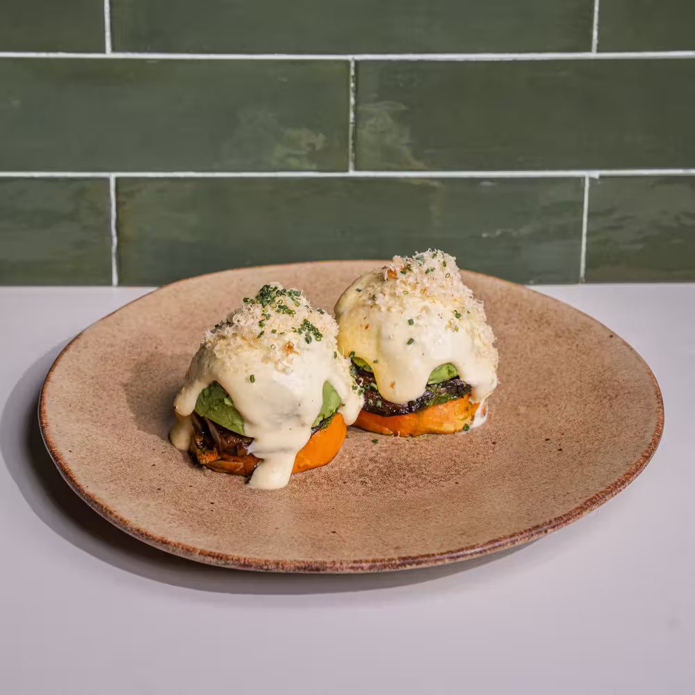 Vegan Benedict with roasted sweet potato, avocado and portobello mushrooms - Brix Cafe Dubai