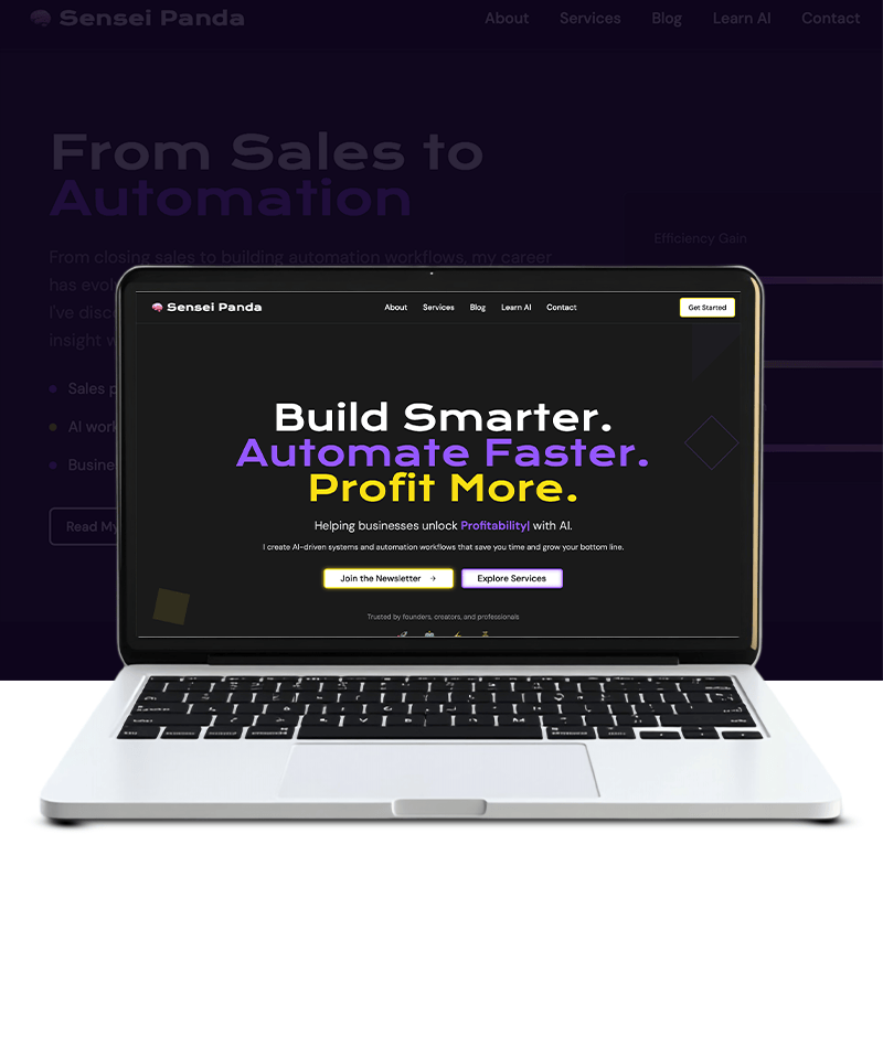 Laptop mockup of Sensei Panda's website, a platform offering AI automation services.