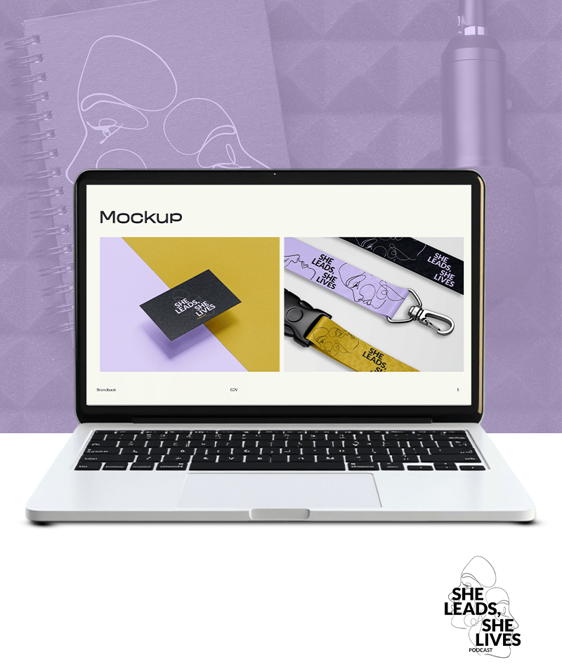 Laptop mockup showing branding for She Leads, She Lives, including logo and merchandise design.