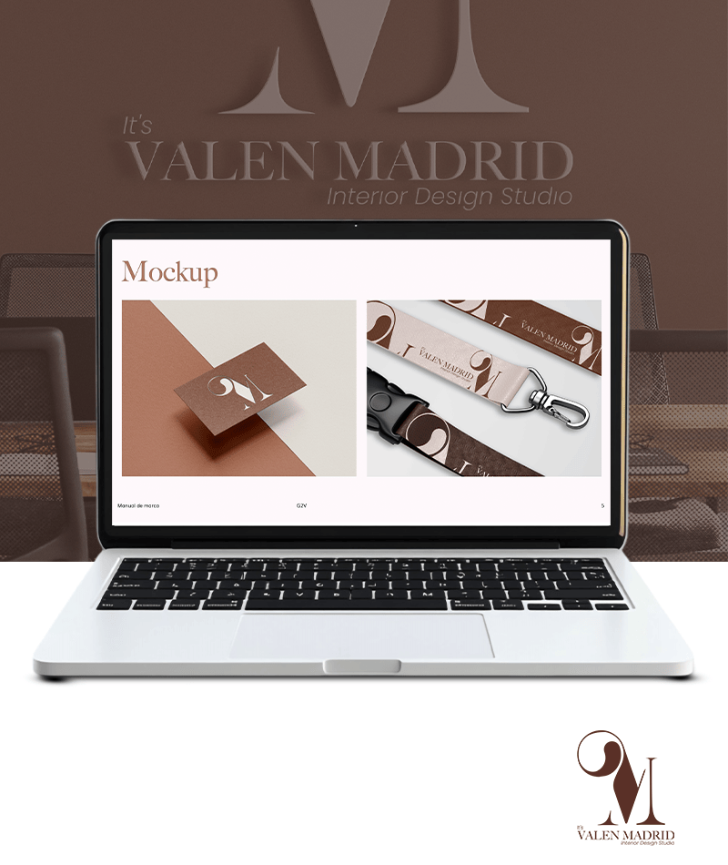 Laptop mockup presenting branding for Valen Madrid, an interior design studio with an elegant visual identity.