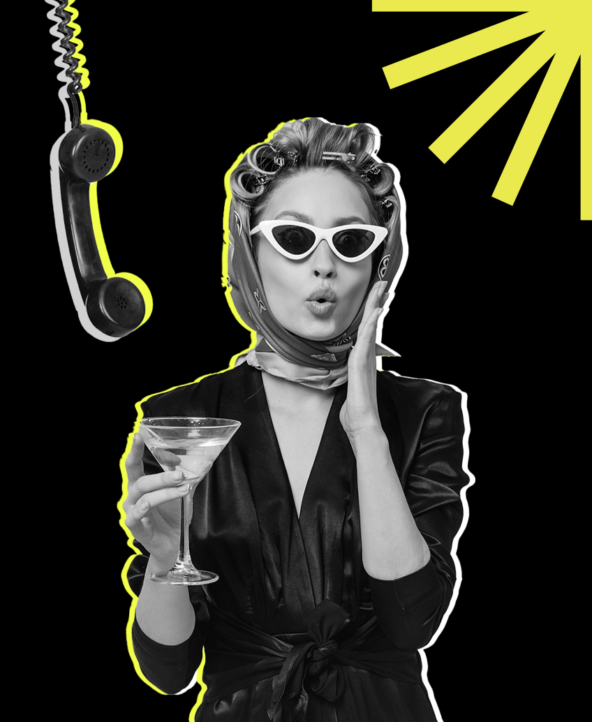 Retro-style woman in curlers holding a cocktail and phone, representing G2V Creators’ bold, confident brand identity.