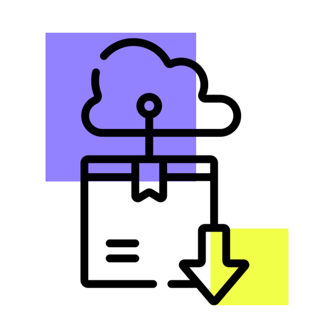Illustration of a cloud and download icon representing G2V’s branding, website creation, and digital product development.
