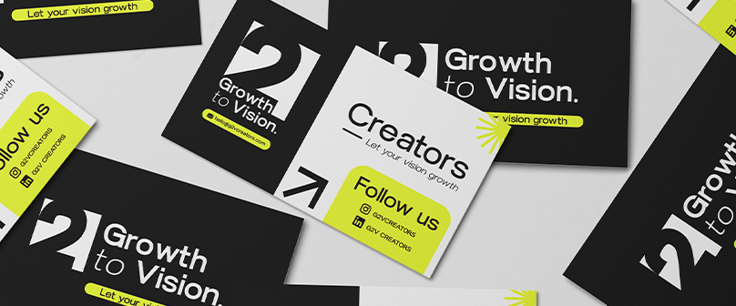 Visual identity design for G2V Creators featuring bold branding materials and brand voice development.