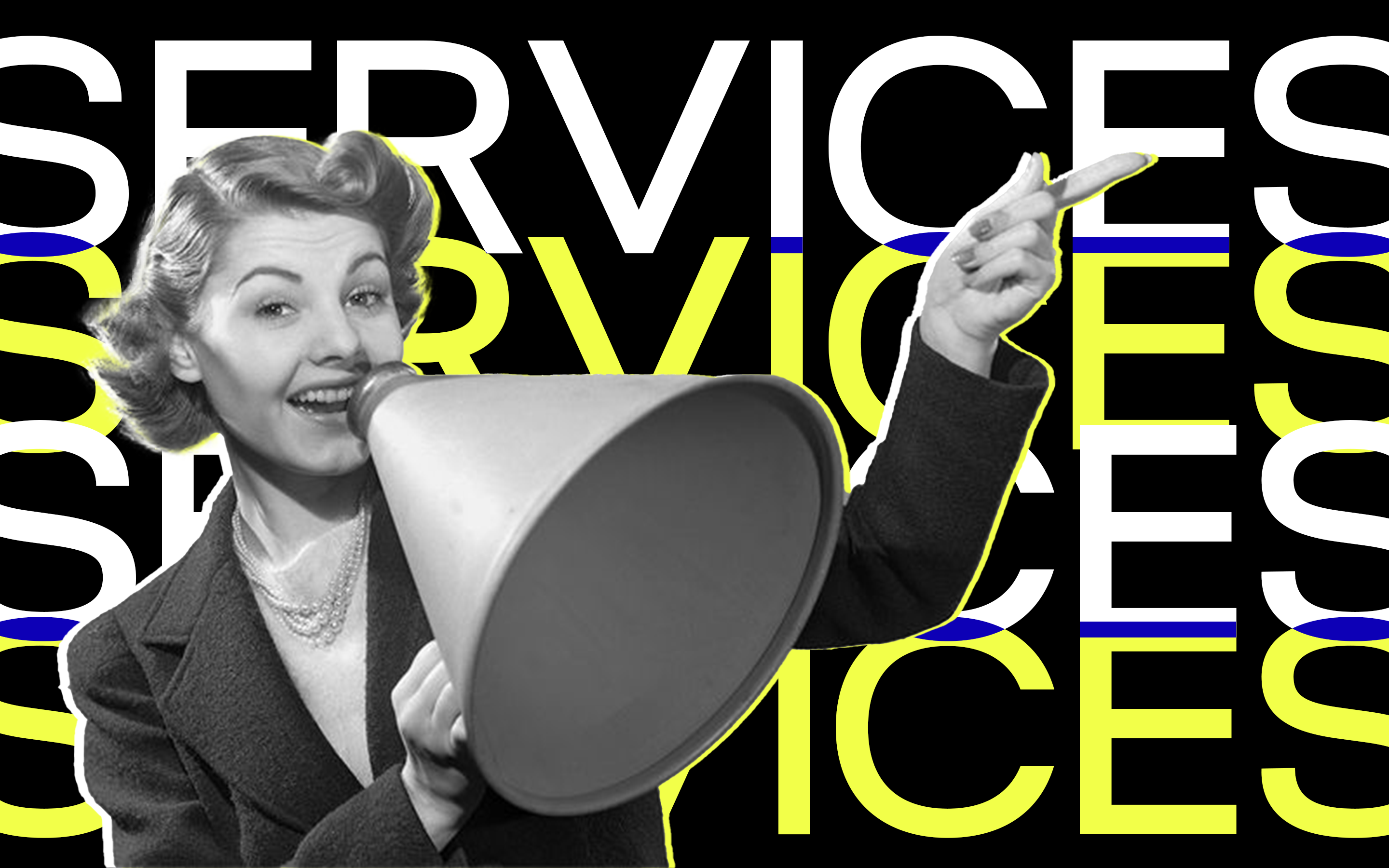 Vintage woman with megaphone pointing at "Services" text, representing bold creative strategy for digital entrepreneurs and experts ready to monetize their brand. G2V Creators branding.