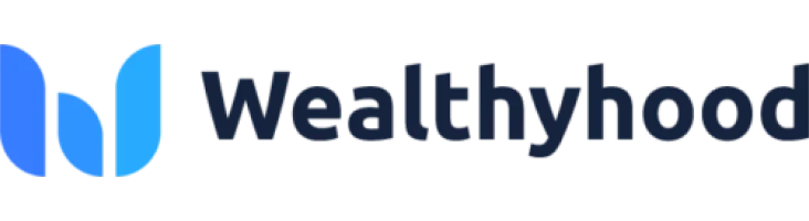 Logo with bold, serif blue typography spelling ‘Wealthyhood’ with an illustrative 'W' beside