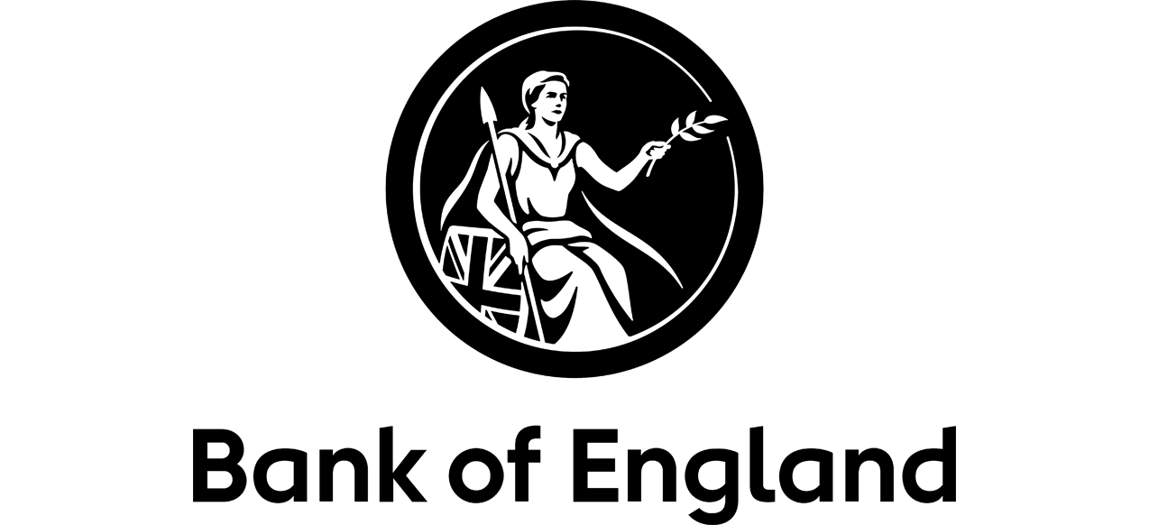 Logo with bold, serif black typography spelling ‘Bank of England’ with an illustrative icon above