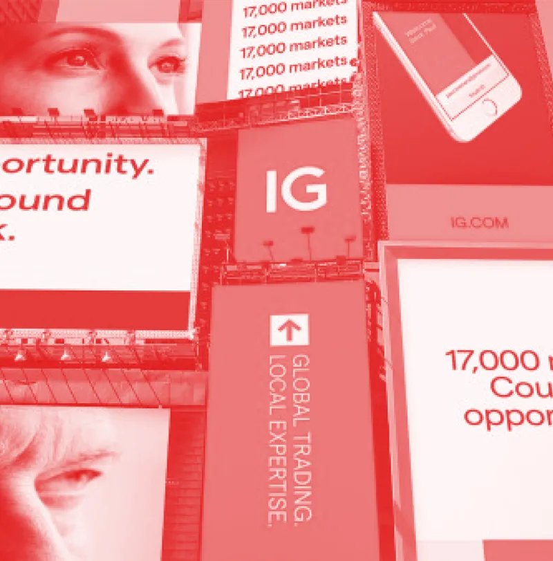 A collage of IG billboards, with a red wash