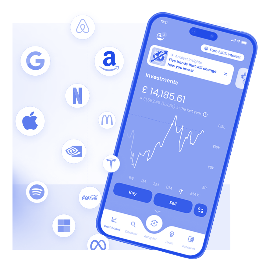 Image of a mobile phone with different app icons floating around, representing top US businesses.