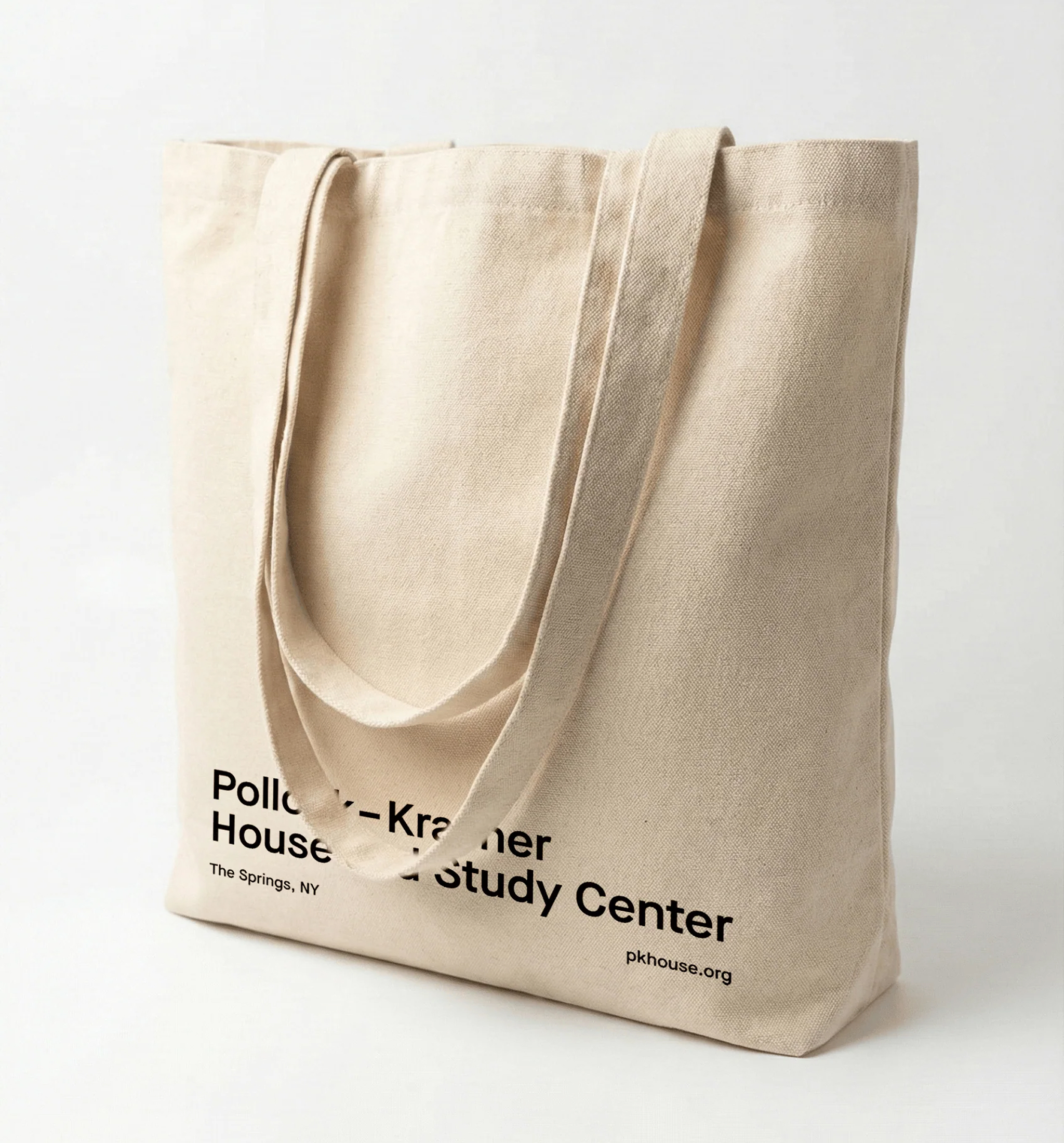 Beige tote bag with text: Pollock-Krasner House and Study Center, The Springs, NY, pkhouse.org.