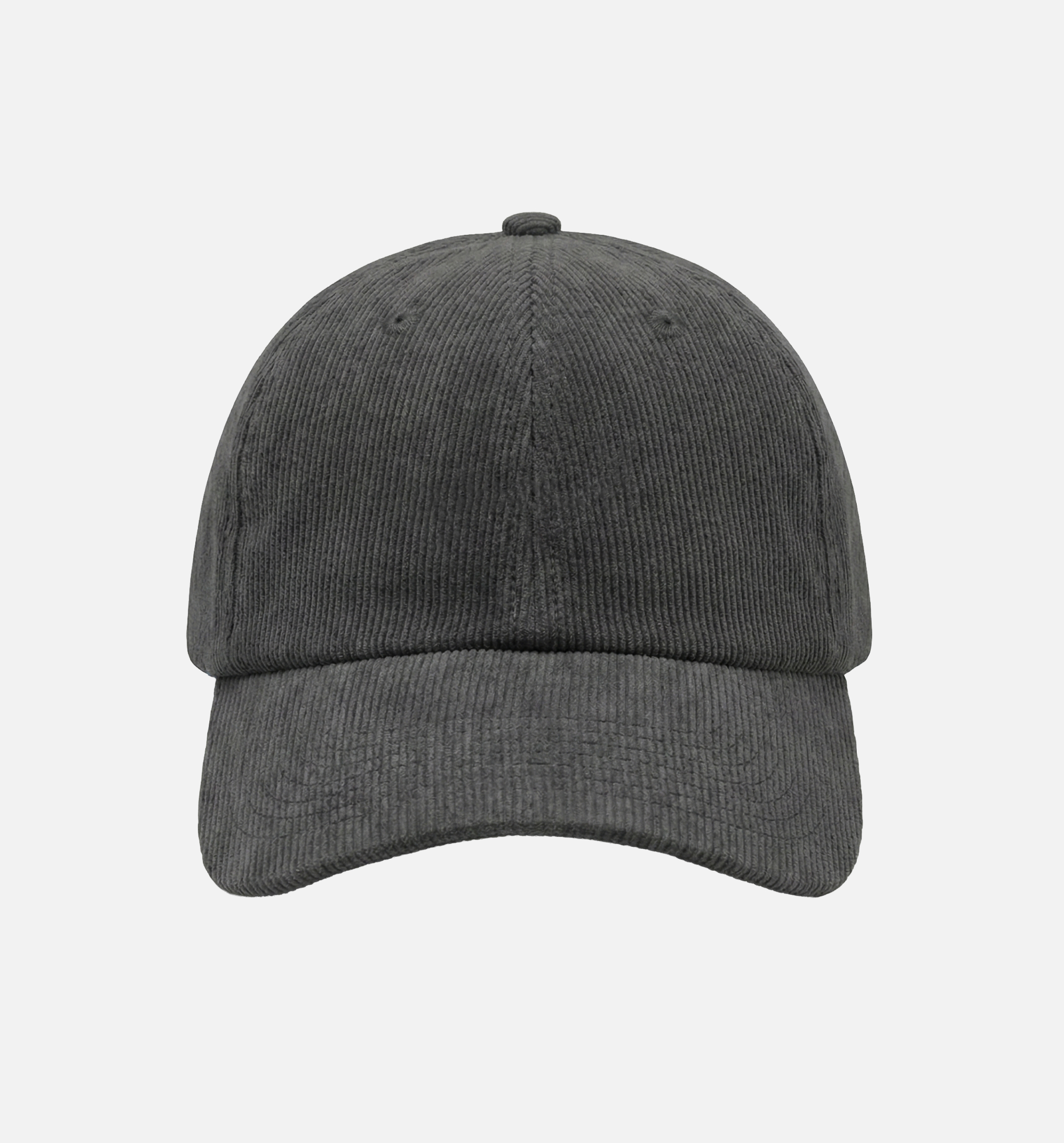 Front view of a dark gray corduroy dad hat with a rounded crown and curved brim.