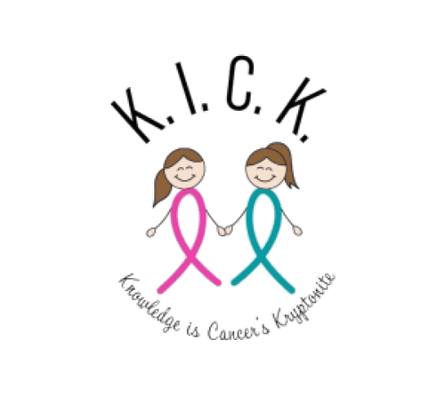 Logo of K.I.C.K. showing two smiling girls holding hands, one with a pink ribbon figure and the other with a teal ribbon figure, representing the organization 'Knowledge is Cancer’s Kryptonite.'