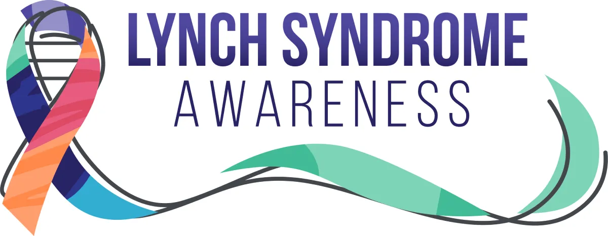 Multicolored DNA strand shaped as a ribbon next to the text 'Lynch Syndrome Awareness' with a flowing green and black decorative line beneath.