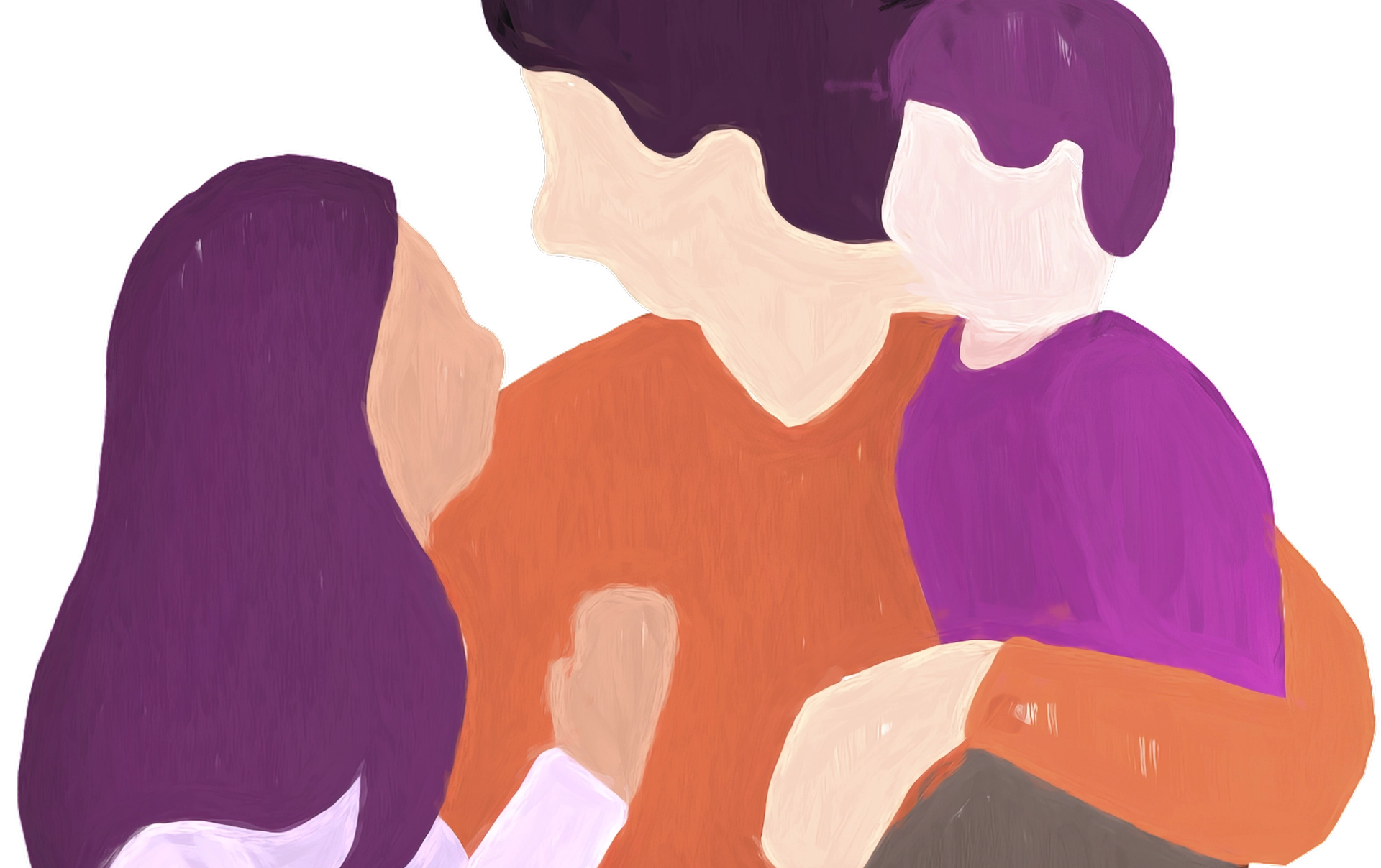 an illustration of a family hugging; a woman, a man, and a child
