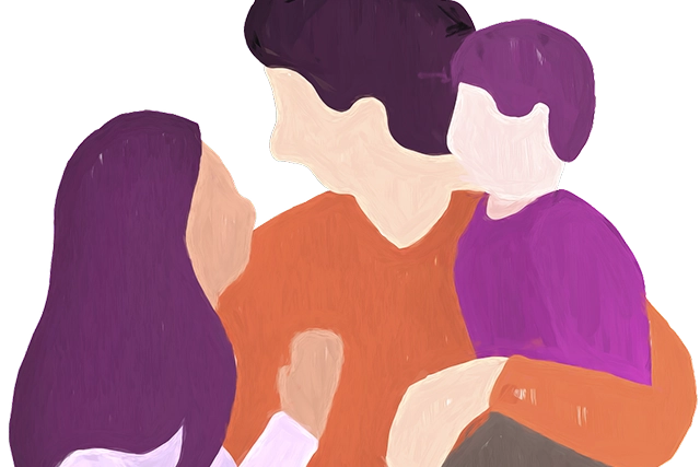 an illustration of a family hugging; a woman, a man, and a child
