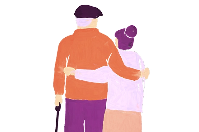 an illustration of a family hugging; a woman, a man, and a child