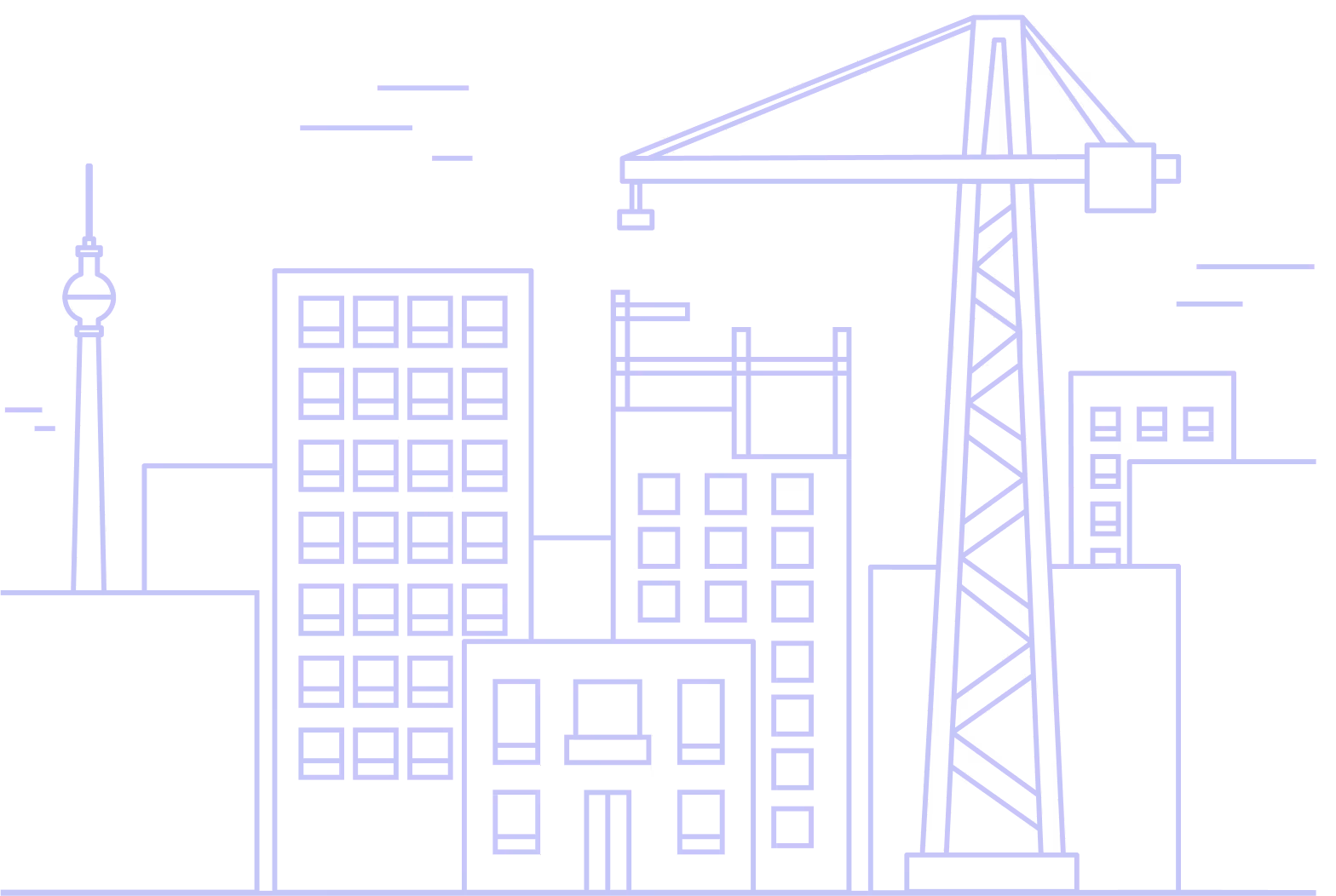 Linienillustration einer Stadt mit Gebäuden, Kran und Fernsehturm - grafisches Hero-Element der Sektorenseite von MIND.
