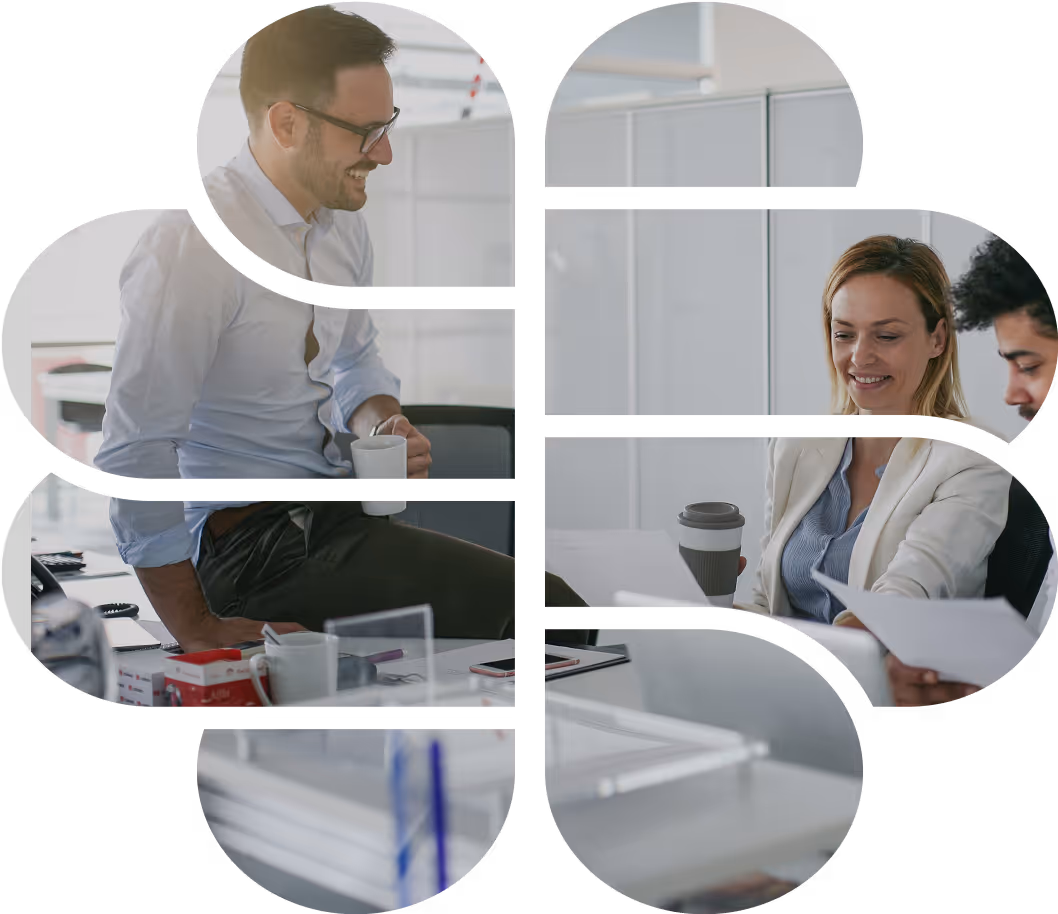 Drei Personen im Bürogespräch, dargestellt im MIND Logo – Symbol für Zusammenarbeit, Kommunikation und Unternehmenskultur.