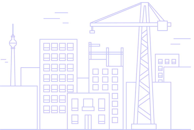 Linienillustration einer Stadt mit Gebäuden, Kran und Fernsehturm - grafisches Hero-Element der Sektorenseite von MIND.