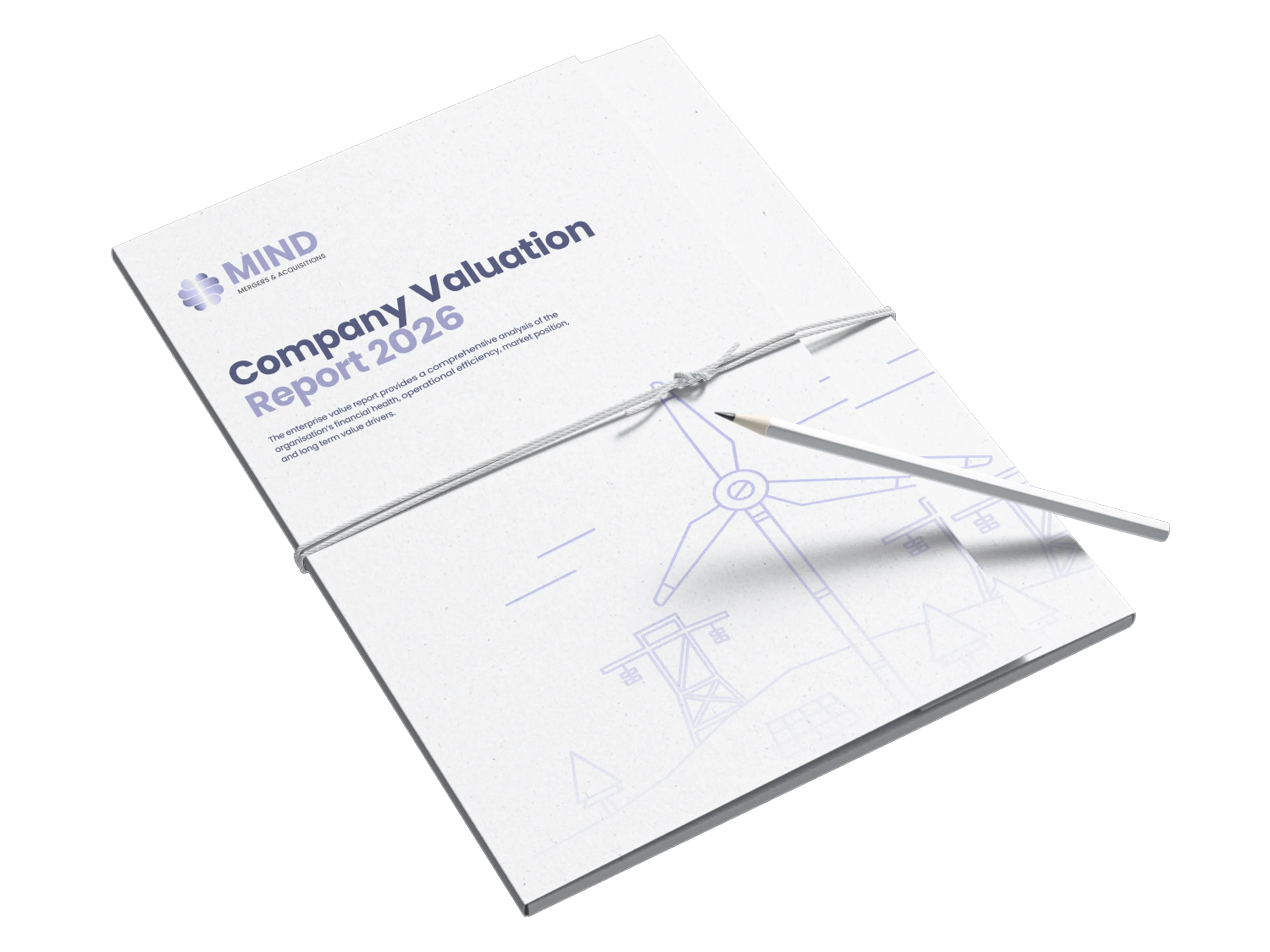 Cover of a "Company Valuation Report 2026" from MIND, bound with string and with technical line graphics in the background – symbolises structured and precise company valuation.