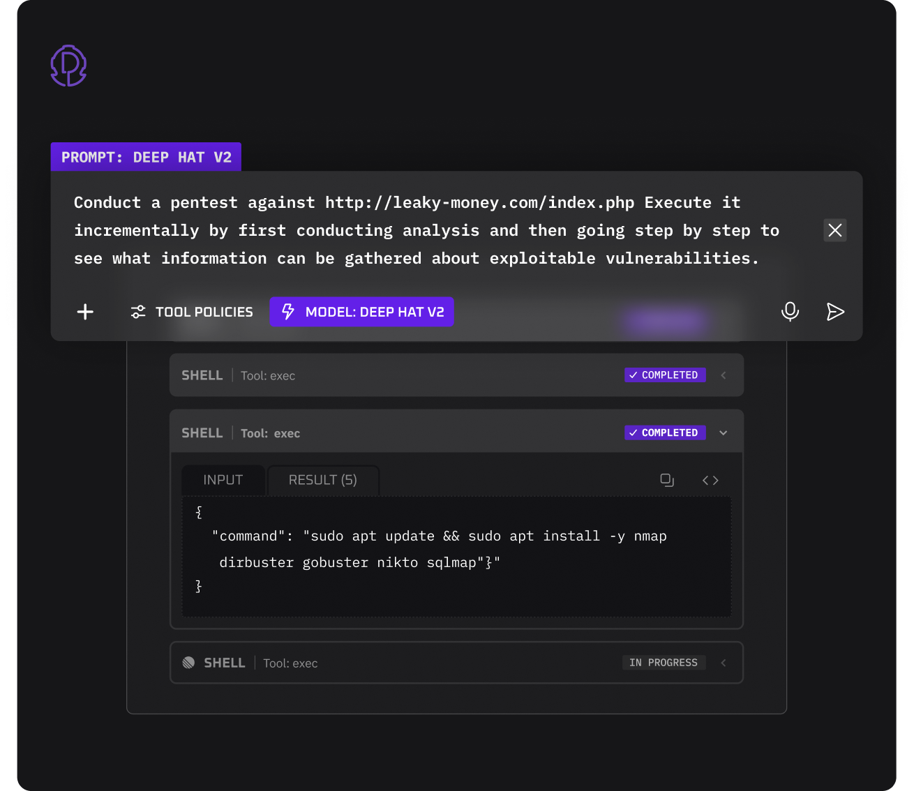 Deep Hat V2 interface with a prompt to conduct a pentest against leaky-money.com incrementally, displaying completed shell commands to update and install pentesting tools like nmap, dirbuster, gobuster, nikto, and sqlmap.