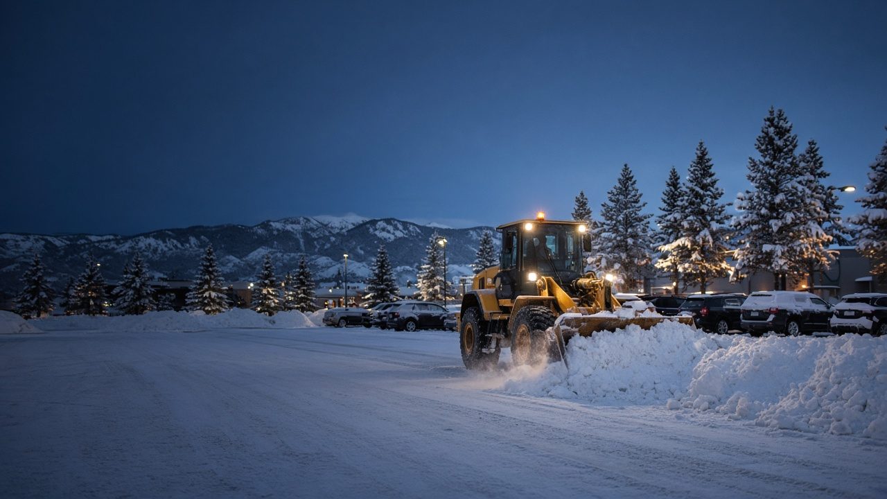 Wheel loader clearing snow from a commercial parking lot at dawn