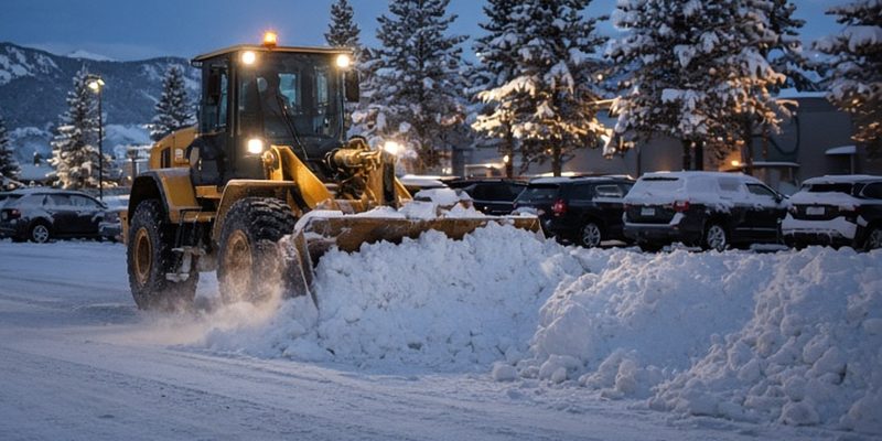 Wheel loader pushing snow into a pile at the edge of a parking lot