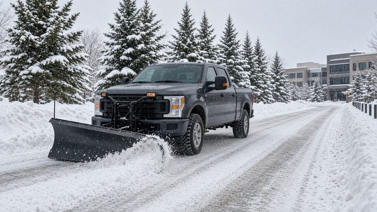Pickup truck with a snow plow clearing a drive lane