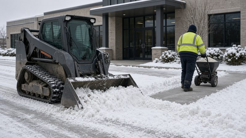 Skid steer clearing snow at a building entrance while a worker spreads granular de-icer