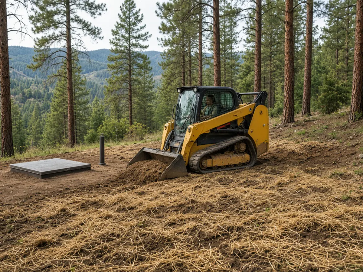 Backfilled underground shelter site with entry hatch and fresh topsoil