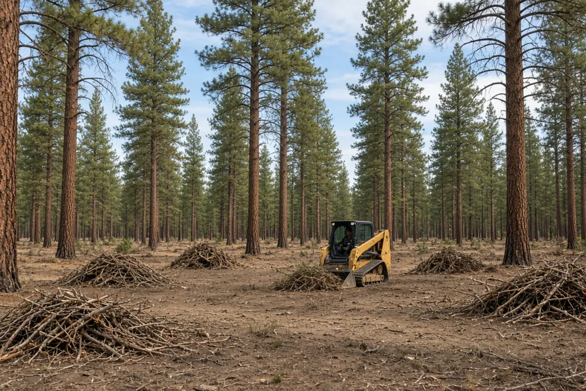 Thinned forest acreage with cleared understory and slash piles