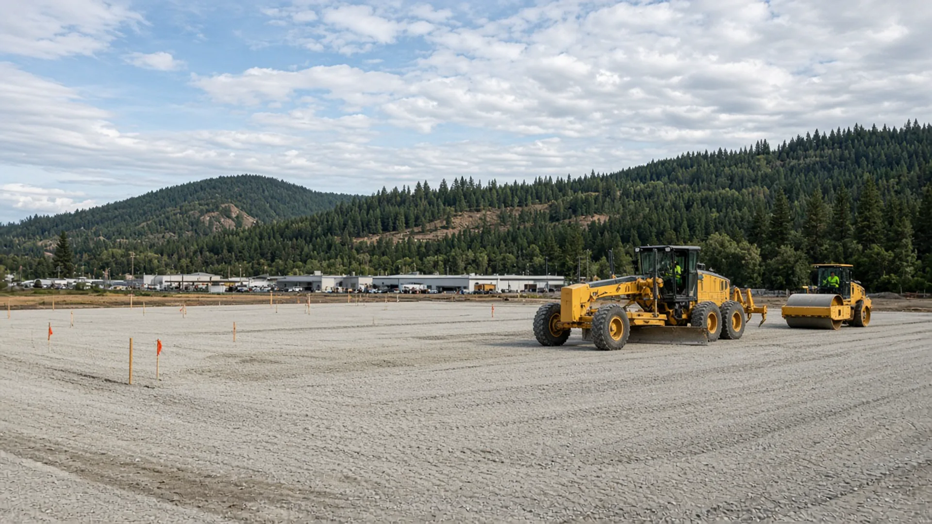 Dozer and roller grading a large commercial building pad