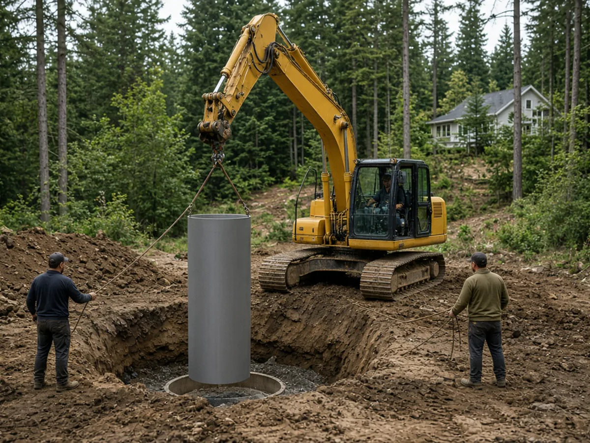 Excavator setting a steel entry tube onto an underground shelter