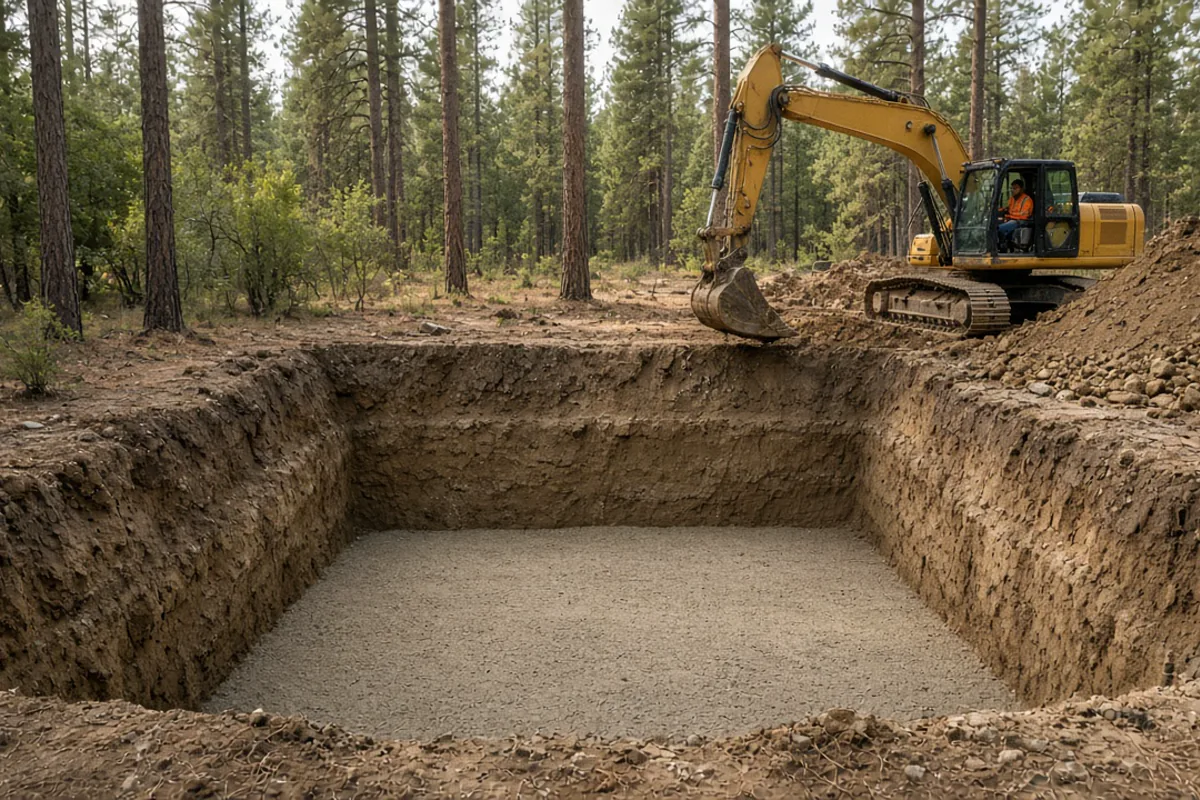 Deep rectangular excavation prepared for an underground shelter