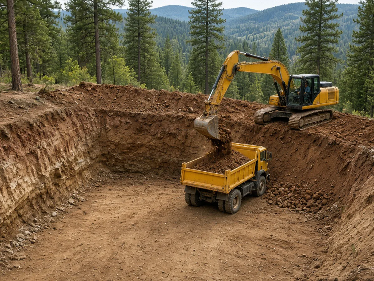 Daylight basement excavation on a sloped, wooded residential lot