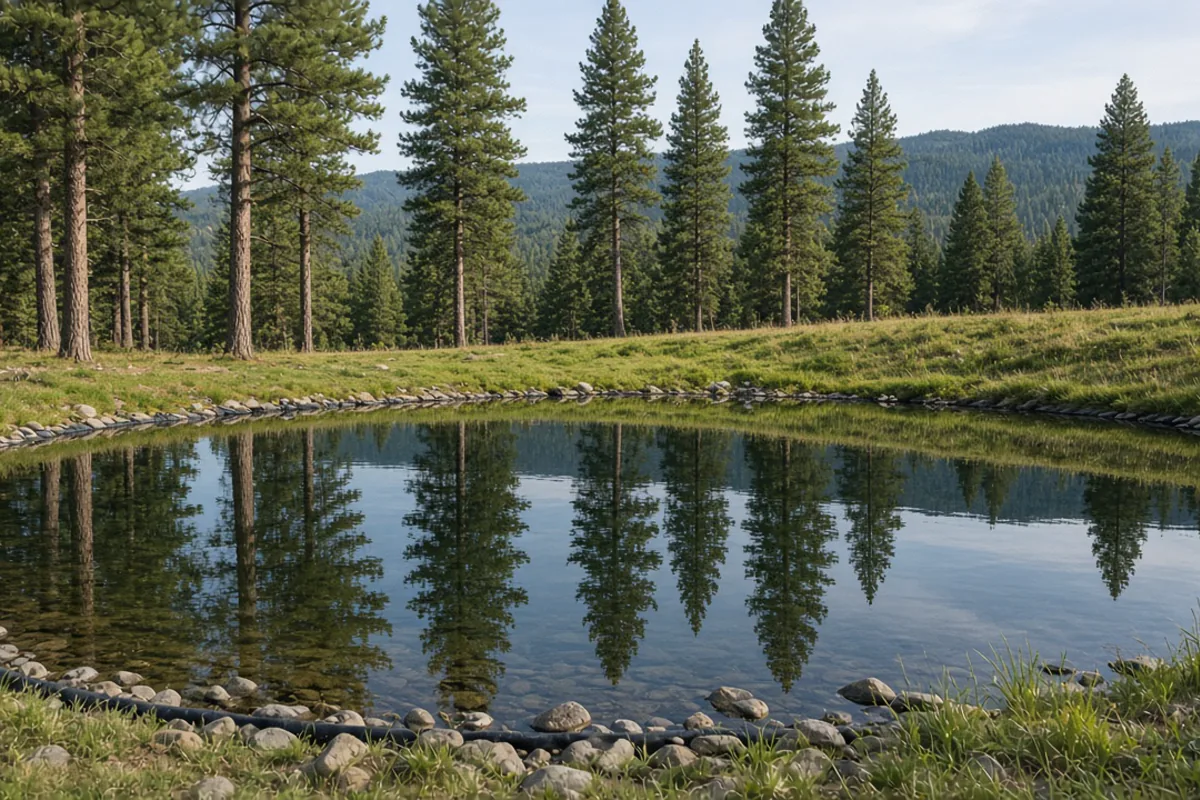 Finished private pond with a rock-covered liner edge
