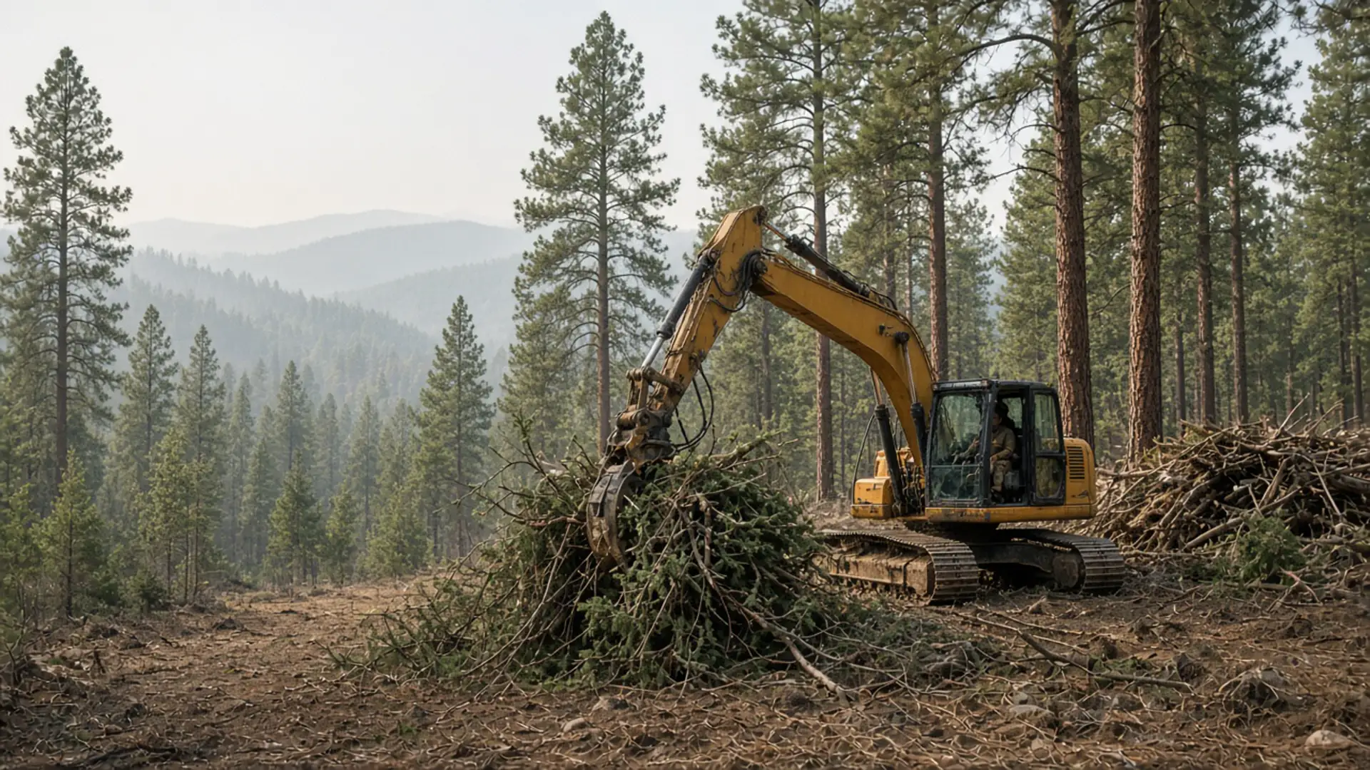 Excavator thinning brush and small trees in a pine forest