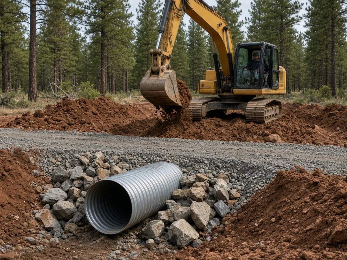 Corrugated culvert being installed under a gravel driveway