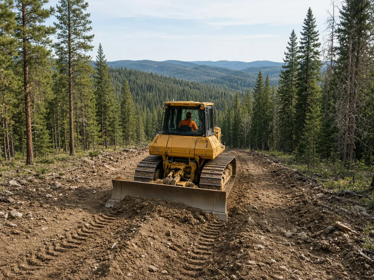 Dozer cutting a firebreak along a forested ridge