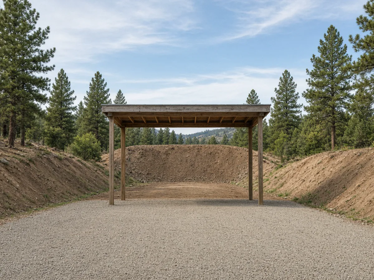 Track loader leveling a gravel firing-line pad at a shooting range