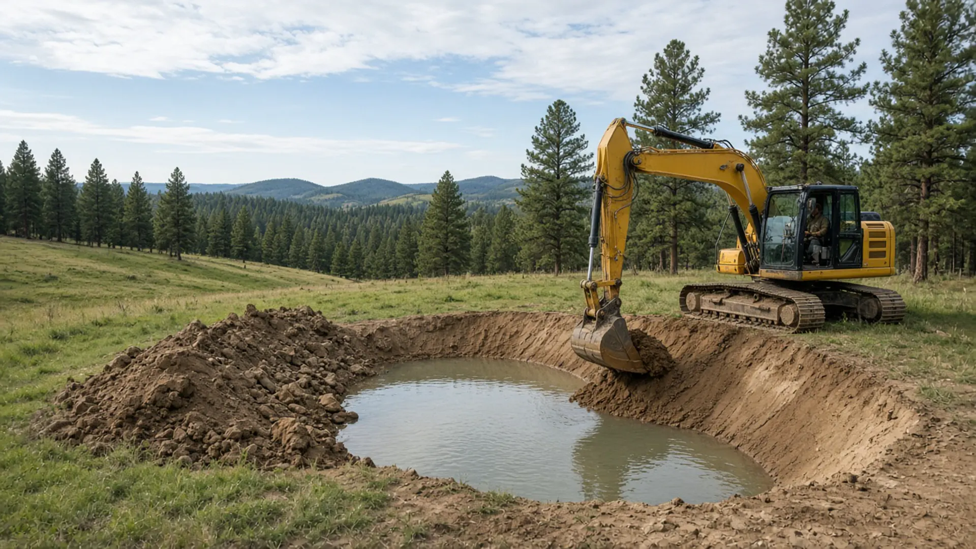 Excavator shaping the banks of a new pond in a meadow