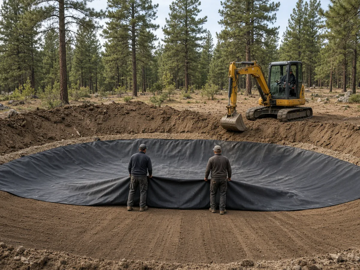 Pond liner being rolled out over an excavated basin