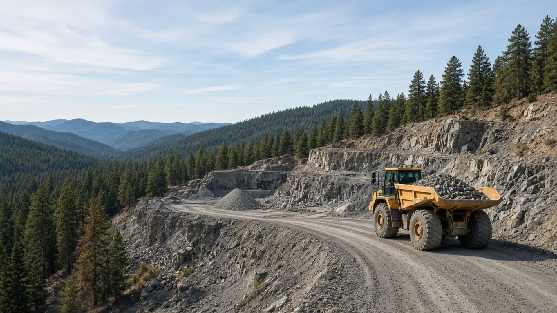 Aggregate mining site with a bermed haul road and benched pit walls